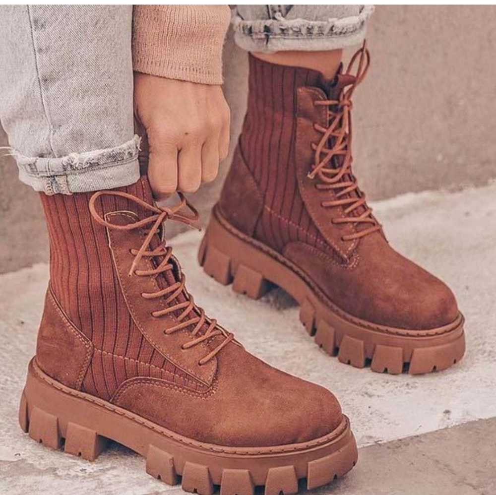 Jolimall Rugged Brown Knit Platform Boots Women's 8